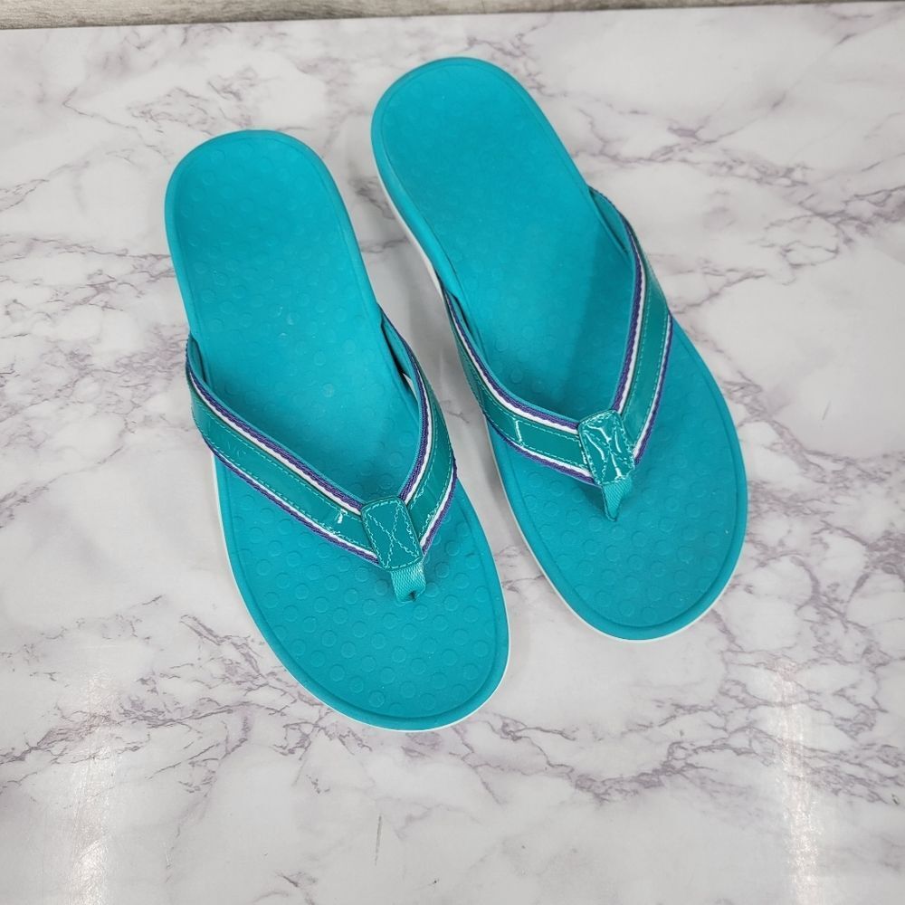 Vionic Tide Turquoise Flip Flops with Striped Straps Toe Post Sandals